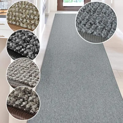 A hallway runner rug with close-up insets showing different textures and colors of rugs.