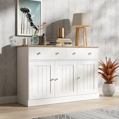 Produktbild von MODFU Kommode Sideboard mit 2 Schubladen und 3 Tür,Buffetschrank mit Stauraum,Schrank Buffet Beistellschrank für Wohnzimmer,Weiß