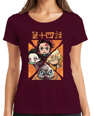 Zdjęcie produktu dla Koszulka damska Kimetsu no Yaiba Tanjiro Nezuko Zenitsu Inosuke Chibi Gift, bordowy, XL