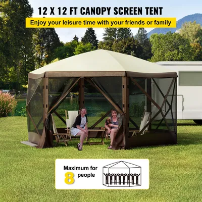 Produktbild von Camping Pavillon 3,6x3,6 m Pop-up, Partyzelt, 6 Seitenteile 300D Oxford mit Netzfenstern, Beige | 3,66 x 3,66 m | 6 Windschutzteile | 17,2 kg