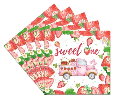 Productafbeelding van Papieren servetten met aardbeienprint, 20 stuks, voor meisjes, verjaardag (1 jaar), babyshower, 33x33 cm