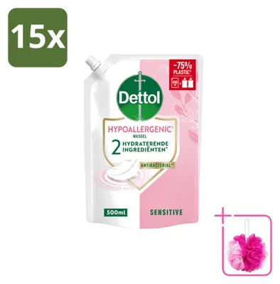 Image de 15 flacons recharge de savon pour les mains Dettol, hypoallergénique, pour peaux sensibles - 500 ml - Pack économique - 15 pièces