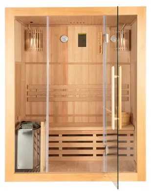 Produktbild von HOME DELUXE - Traditionelle Sauna - Skyline L - 120 x 150 x 190 cm - für 2-3 Personen, Hemlocktanne, inkl. Saunaofen, Saunazubehör I Dampfsauna Aufgusssauna Finnische Sauna  Sauna