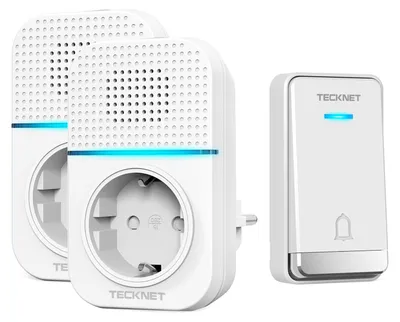 Image de TECKNET, sonnette sans fil, sonnette sans fil avec prise secteur, étanche. Sonnette sans fil avec 2 prises européennes, portée de 400 mètres, 60 mélodies, 5 niveaux de volume, voyant LED