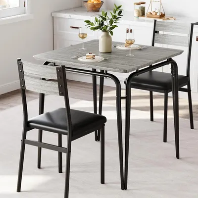 Obrázek produktu pro Sada nábytku pro 2 osoby – jídelní stůl s polstrovanými židlemi – moderní design – kovová konstrukce – úsporný design vhodný do malých prostor – šedá barva