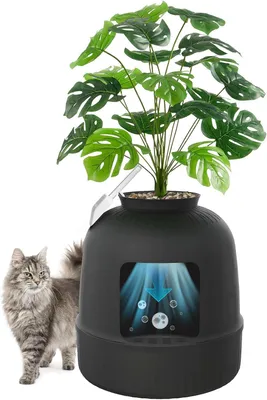Productafbeelding van Kattenbak in bloempotvorm - verborgen kattenbak met kunstplant en schep - zwart - 70 cm hoog