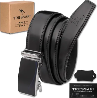 A black leather belt with a silver automatic buckle, presented with its packaging and certification.