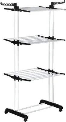 Image de Séchoir à linge Stemily - Pliable - 3 niveaux - Ailes latérales - Roulettes avec frein - jusqu'à 70 kg - 73 cm x 64 cm x 177 cm