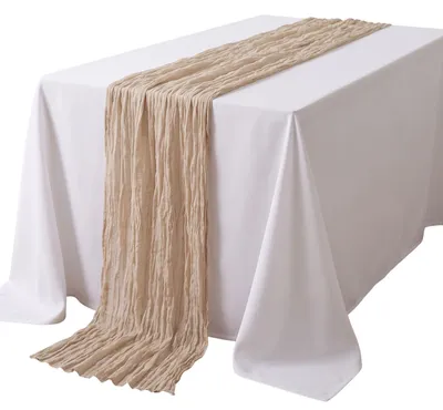 Produktbild von G.schmückt Chiffon Tischläufer Schal 3 Meter lang 90 cm breit, Tischdecke Stoff in Knitteroptik für Hochzeiten & Festlichkeiten Beige