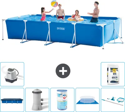 Produktbild von Intex-Schwimmbecken mit rechteckigem Rahmen – 450 x 220 x 84 cm – Blau – im Lieferumfang enthalten Abdeckung - Filterpumpe für Schwimmbad - Filter - Bodenplane - Reinigungskit - Salzwassersystem