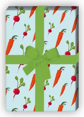 Produktbild von Leckeres Gemüse Geschenkpapier mit Möhren, Karotten, Radieschen, hellblau - G7636, 32 x 48cm