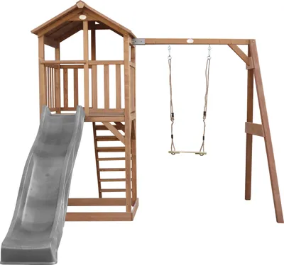 Obrázek produktu pro AXI Beach Tower with Single Swing Brown - Grey Slide, Domeček na hraní na sloupcích, 3 rok/roky, Skluzavka, Hnědá, Šedá