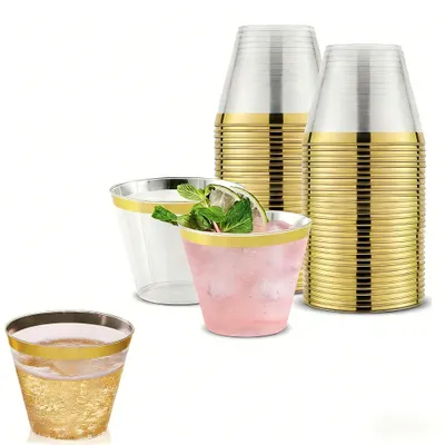50 transparente Plastikbecher mit Goldrand, 270 ml, wiederverwendbar