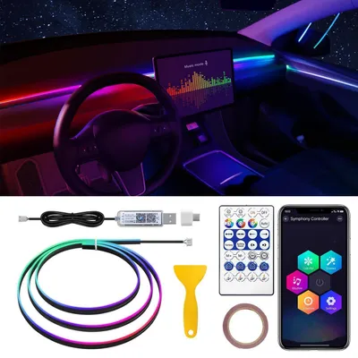 Obrázek produktu pro LED interiérové osvětlení do auta, akrylátové světelné pásky o délce 55.1 palců, vhodné pro modely Tesla Model 3/Y/S/X, s USB/Typ C konektorem, 16 milionů barev, ovládání zvukem