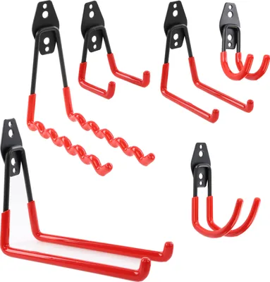 Produktbild von Set 6 Stck. Wandhaken von BOTLE, Werkzeughaken, S, M, L Grosse, Stahl mit PVC, für Garage, Werkstatt, Elektrowerkzeuge, Sportgeräte, Doppelhaken, Fahrräder, Tragkraft bis 40kg Verlängerungskabel
