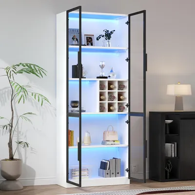 Obrázek produktu pro MODFU Stojící vitrína s LED, vysoká skříň se skleněnými dvojitými dvířky, příborník vinotéka se skleněnou policí a držákem na víno, bílá
