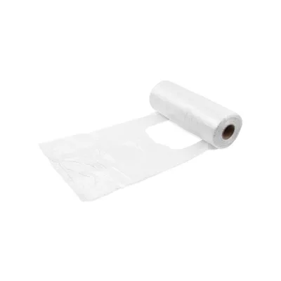 A roll of white plastic bags is shown on a white background.