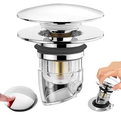 Immagine prodotto di Sifone per lavabo, 1 pezzo, acciaio inossidabile, tappo a scomparsa universale con griglia per fori di Ø 34-40 mm