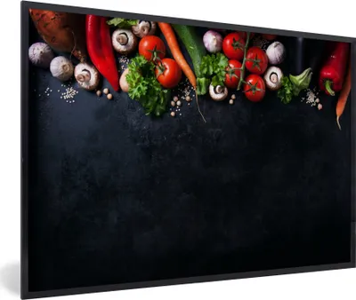 Produktbild von MuchoWow® Gerahmtes Poster Gemüse - Kräuter - Gewürze - Schwarz - Rustikal - Küche 90x60 cm - Poster mit Schwarzem Bilderrahmen Wandposter Rahmen Foto Bilder - Fotorahmen - Foto-Plakat