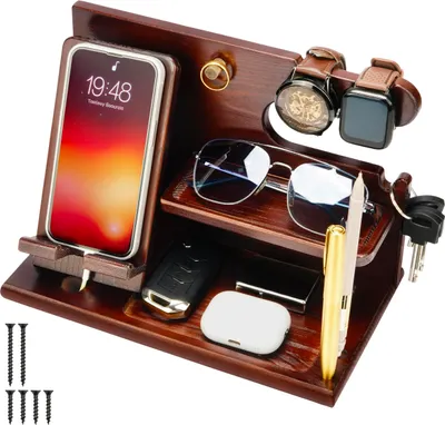 Produktbild von Belle Vous Dunkelbraune Docking Station Holz - Nachttisch Organizer - Für Telefon, Geldbörsen, Uhren, Gadget & Schlüssel Aufbewahrung - Geschenke für