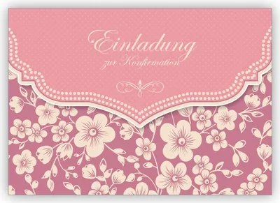 Produktbild von 4x Wunderbare Vintage Einladungskarte mit Retro Kirschblüten Muster in rosa für Mädchen: Einladung zur Konfirmation