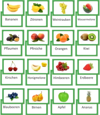 A grid of 16 flashcards, each featuring a different fruit and its German name.