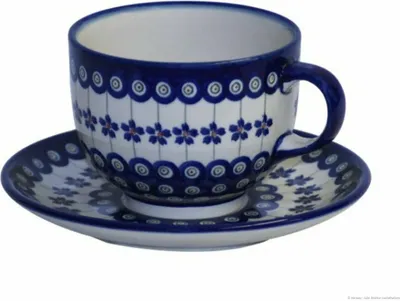 Produktbild von Original Bunzlauer Keramik große 500 ml Milchkaffeetasse Ø12 cm mit Unterschale Ø19,5 cm im Design 166a