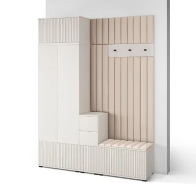 Produktbild von Garderoben-Set Ritmo version 8 – gefräste Kleiderschrank mit Polsterplatten, Schuhschrank, für Flur und Eingangsbereich (Cashmere, Trinity 02)