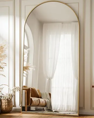 Produktbild von Großer Bogen Ganzkörperspiegel 180x76 cm, Gewölbter Standspiegel hängend oder lehnend an die Wand, groß Bodenspiegel mit Ständer für Schlafzimmer, Wohnzimmer oder Ankleidezimmer, Gold