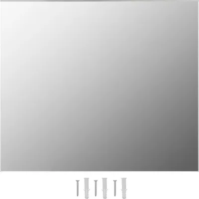 A frameless mirror with mounting hardware shown below.