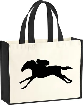 Produktbild von Huuraa Jutetasche Pferderennen Silhouette 21 Liter Black Jute und Baumwolle Einkaufstasche Geschenkidee