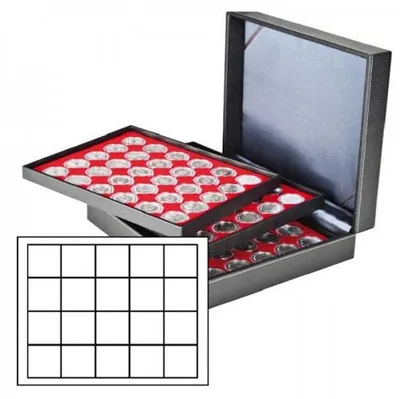 Produktbild von Lindner 2365-2120E Münzkassette NERA XL mit 3 Tableaus und hellroten Münzeinlagen mit 60 quadratischen Fächern für Münzen/Münzkapseln bis Ø 47 mm