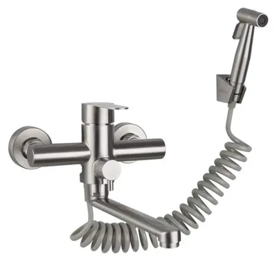 Produktbild von Wandarmatur mit Ausziehbrause, Küchenarmatur, Warm-/Kaltwasserarmatur aus Edelstahl, Waschtischarmatur, schwenkbar (gebürstet)