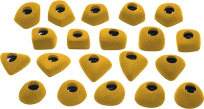 Set von 20 gelben Klettergriffen aus Kunststoff; verschiedene Formen; für Kletterwände; von Ocun.