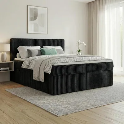 Produktbild von Boxspringbett RALF  160 x 200 cm mit Bettkasten, Topper und gepolstertem Kopfteil. Farbe:  Schwarz , Härtegraden:  H4 , Topper: Visco-Topper