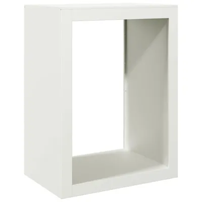 A white, open cube-shaped shelf unit.