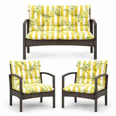 Produktbild von Palettenkissen Loungekissen Set 3-teilig, Outdoor Sitzpolster für Rattanmöbel, 2x Stuhlkissen + 1x Bankkissen, Zitronenmuster