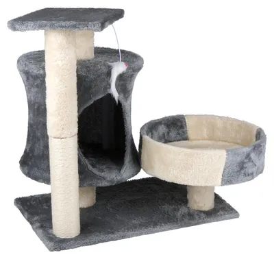 Image de Arbre à chat Pet Comfort - Arbre à chat avec jouets - Lit pour chat avec tour d'escalade - Grotte pour chat avec plate-forme - Gris/beige - 50 x 33 x 58 cm