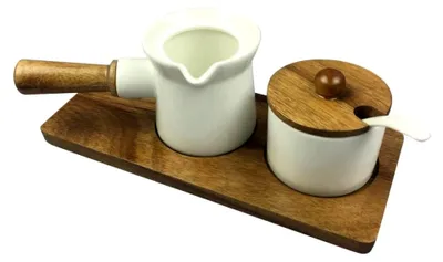 Produktbild von Zuckerdose und Milchkännchen Set aus Porzellan und Akazienholz