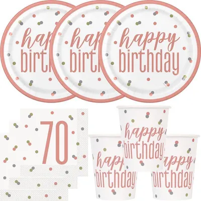 Produktbild von 70. Geburtstag Partyset Einweggeschirr roségold 48 tlg. Partygeschirr Teller Becher Servietten