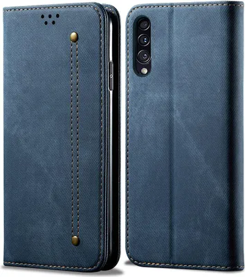 A blue flip-style phone case for a Samsung Galaxy A50 is shown from the front and back.