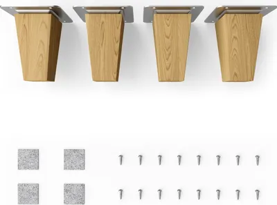 Four wooden furniture legs with metal mounting plates, along with four square protective pads and several screws, are laid out on a white background.