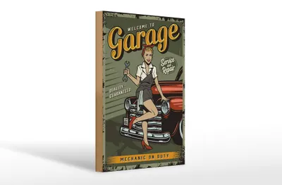 Produktbild von Holzschild Retro 20x30cm Pinup welcome to Garage service