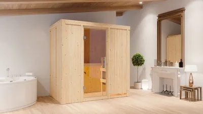 Produktbild von Karibu Sauna Innensauna Variado Fronteinstieg Ofen 9 kW  externe Strg easy 196x118x198 cm ohne Dachkranz mit Klarglastür
