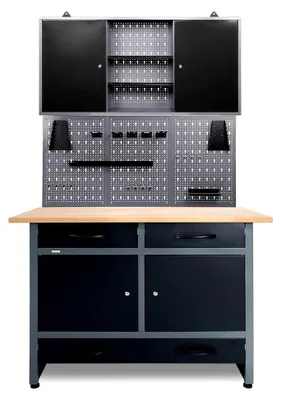 Produktbild von Dreiteilige Werkstatteinrichtung mit Werkbank und Werkzeugschrank, Eurolochung, Arbeitshöhe 95 cm, Buchenholzarbeitsplatte