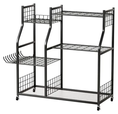 Produktbild von Gartengeräte-Organizer mit feststellbaren Rollen, robustes Gartengeräteregal für Garage, Schuppen, Garten, Ständer für Rechen, Besen, Schaufeln, Werkzeuge mit langem Stiel