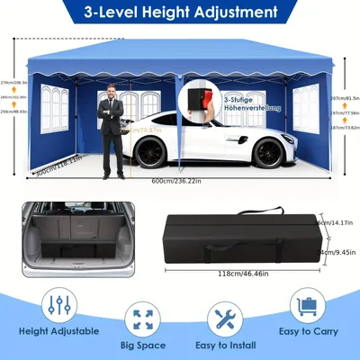 Immagine prodotto di Tenda pieghevole 3x6 metri - Gazebo pieghevole - Tenda per feste - Tenda per mercati - Gazebo da giardino - Con 6 pannelli laterali - Altezza regolabile