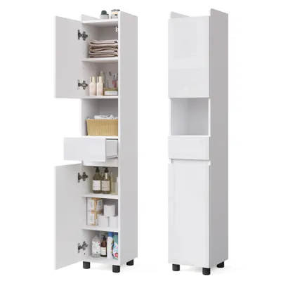 Image de Armoire haute pour salle de bain Mondeer avec façade brillante – Meuble étroit autoportant avec étagères réglables, un tiroir et des compartiments ouverts, dimensions : 30 x 30 x 170 cm, blanc