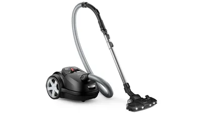 A black vacuum cleaner is shown on a white background.