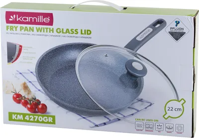 The image shows the retail packaging of a Kamille fry pan with a glass lid.